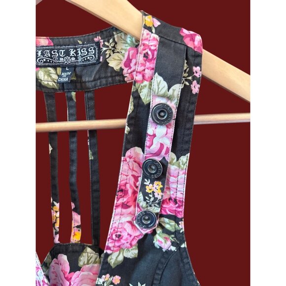 Y2K Vintage Last Kiss Floral Button Vest Black Pink Rose Print Y2K Boho Large - Picture 2 of 8